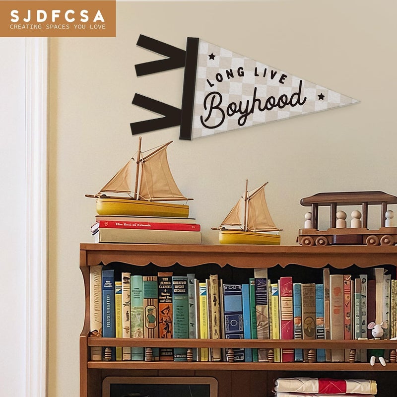 SJDFCSA Boys Room Decor, Long Live Boyhood Wall Hanging Pennant Flag Banner, Preppy Neutral Checkerboard Wall Decorations for Nursery Toddler Boys Bedroom Playroom Decor - Image 4